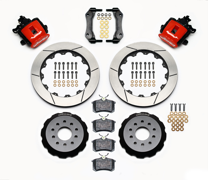 Wilwood Combination Parking Brake Caliper Rear Brake Kit Parts Laid Out - Red Powder Coat Caliper