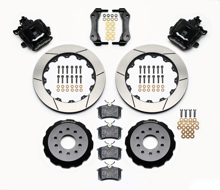 Wilwood Combination Parking Brake Caliper Rear Brake Kit Parts Laid Out - Black Powder Coat Caliper - GT Slotted Rotor