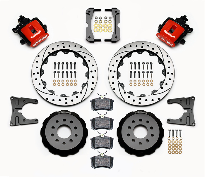 Wilwood Combination Parking Brake Caliper Rear Brake Kit Parts Laid Out - Red Powder Coat Caliper - SRP Drilled & Slotted Rotor