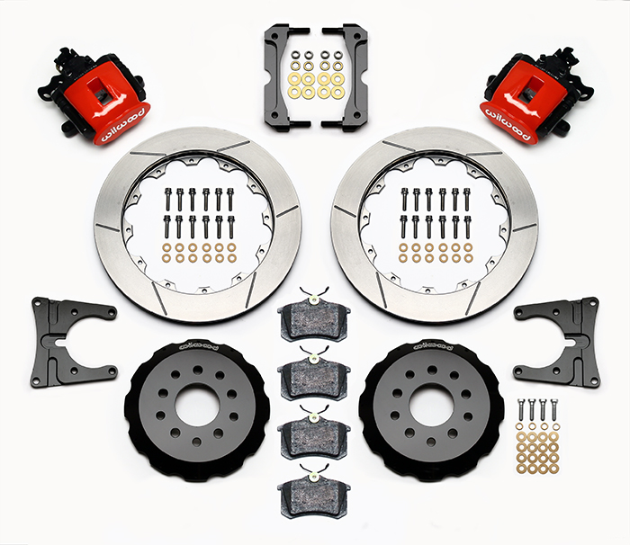 Wilwood Combination Parking Brake Caliper Rear Brake Kit Parts Laid Out - Red Powder Coat Caliper - GT Slotted Rotor