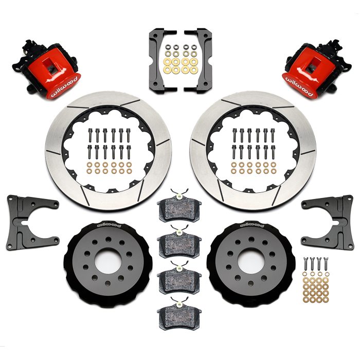 Wilwood Combination Parking Brake Caliper Rear Brake Kit Parts Laid Out - Red Powder Coat Caliper - GT Slotted Rotor