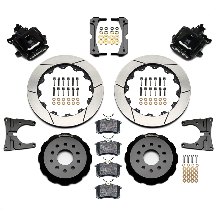 Wilwood Combination Parking Brake Caliper Rear Brake Kit Parts Laid Out - Black Powder Coat Caliper