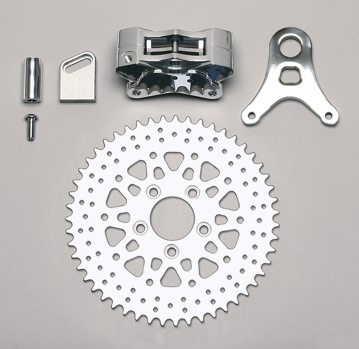 Wilwood GP310 Motorcycle Rear Sprocket Brake Kit Parts Laid Out - Drilled Rotor