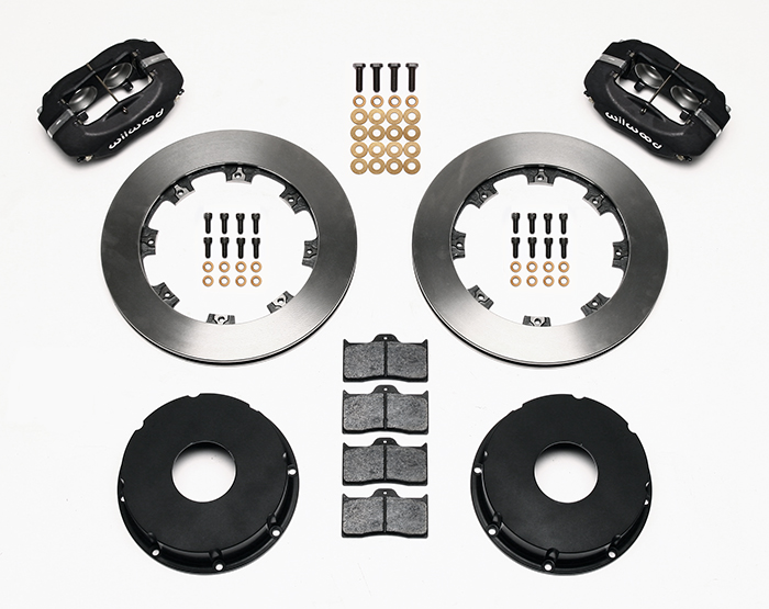 Wilwood Forged Dynalite Pro Series Rear Brake Kit (Less Brackets) Parts Laid Out - Black Powder Coat Caliper - Plain Face Rotor