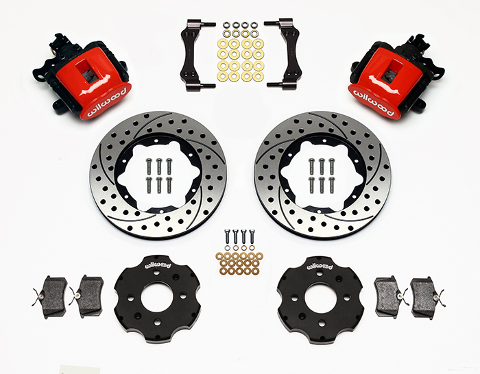 Wilwood Combination Parking Brake Caliper Rear Brake Kit Parts Laid Out - Red Powder Coat Caliper - SRP Drilled & Slotted Rotor