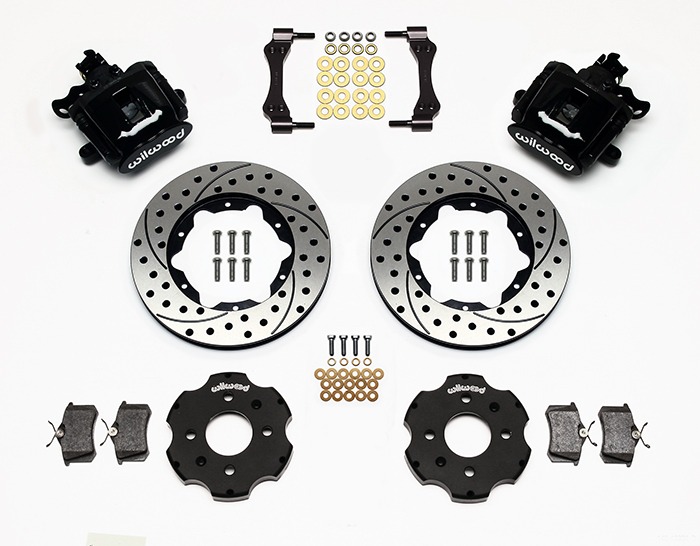 Wilwood Combination Parking Brake Caliper Rear Brake Kit Parts Laid Out - Black Powder Coat Caliper - SRP Drilled & Slotted Rotor