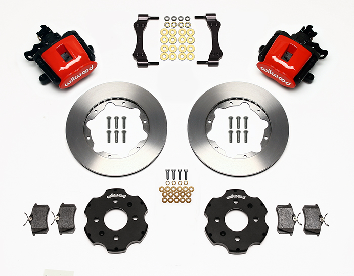 Wilwood Combination Parking Brake Caliper Rear Brake Kit Parts Laid Out - Red Powder Coat Caliper - Plain Face Rotor