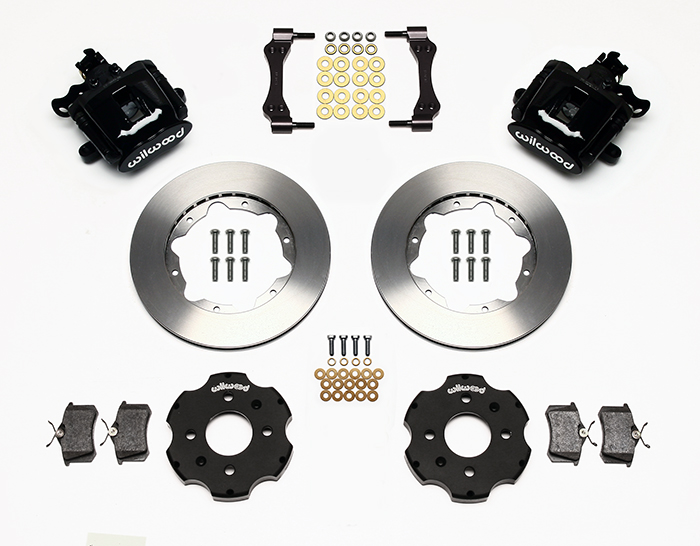 Wilwood Combination Parking Brake Caliper Rear Brake Kit Parts Laid Out - Black Powder Coat Caliper - Plain Face Rotor