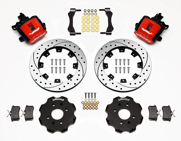 Wilwood Combination Parking Brake Caliper Rear Brake Kit Parts Laid Out - Red Powder Coat Caliper - SRP Drilled & Slotted Rotor