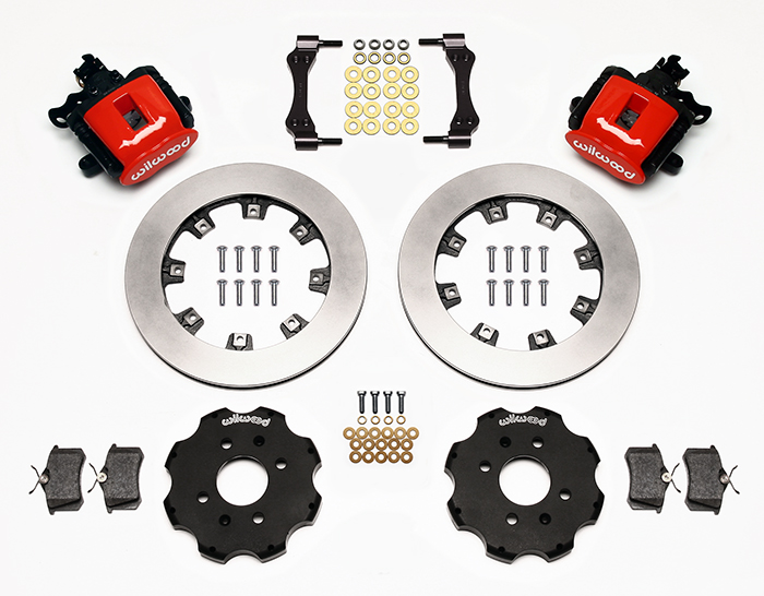 Wilwood Combination Parking Brake Caliper Rear Brake Kit Parts Laid Out - Red Powder Coat Caliper - Plain Face Rotor