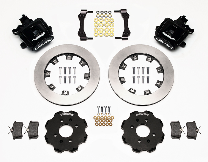 Wilwood Combination Parking Brake Caliper Rear Brake Kit Parts Laid Out - Black Powder Coat Caliper - Plain Face Rotor