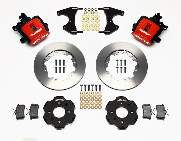 Wilwood Combination Parking Brake Caliper Rear Brake Kit Parts Laid Out - Red Powder Coat Caliper - Plain Face Rotor