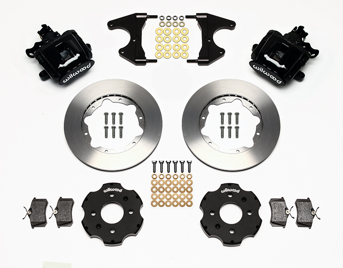 Wilwood Combination Parking Brake Caliper Rear Brake Kit Parts Laid Out - Black Powder Coat Caliper - Plain Face Rotor