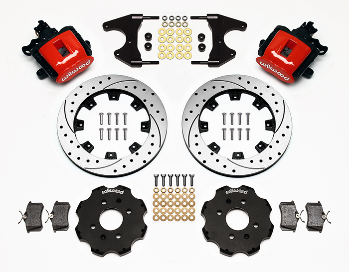 Wilwood Combination Parking Brake Caliper Rear Brake Kit Parts Laid Out - Red Powder Coat Caliper - SRP Drilled & Slotted Rotor