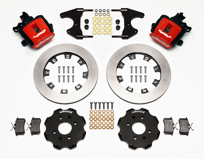 Wilwood Combination Parking Brake Caliper Rear Brake Kit Parts Laid Out - Red Powder Coat Caliper - Plain Face Rotor