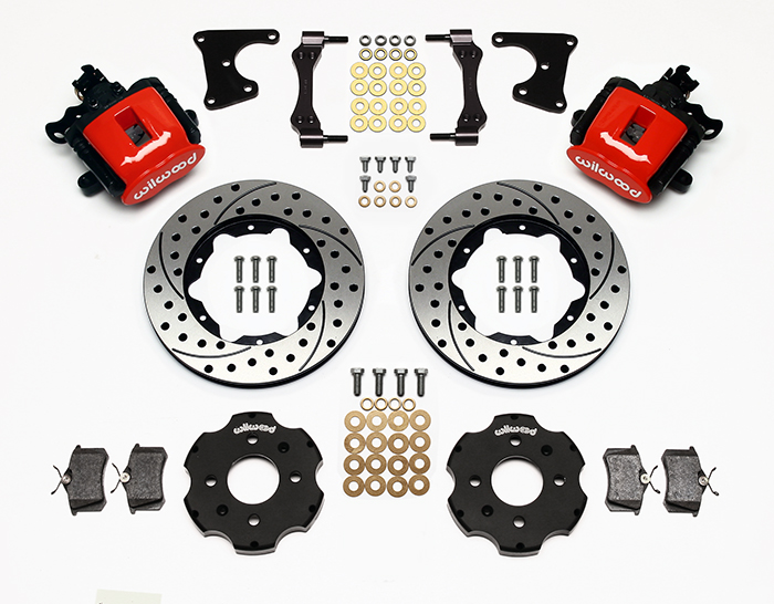 Wilwood Combination Parking Brake Caliper Rear Brake Kit Parts Laid Out - Red Powder Coat Caliper - SRP Drilled & Slotted Rotor