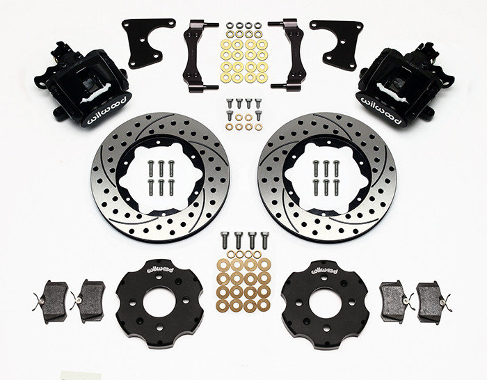 Wilwood Combination Parking Brake Caliper Rear Brake Kit Parts Laid Out - Black Powder Coat Caliper - SRP Drilled & Slotted Rotor