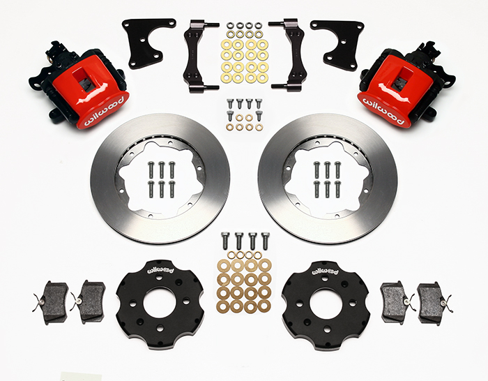 Wilwood Combination Parking Brake Caliper Rear Brake Kit Parts Laid Out - Red Powder Coat Caliper - Plain Face Rotor