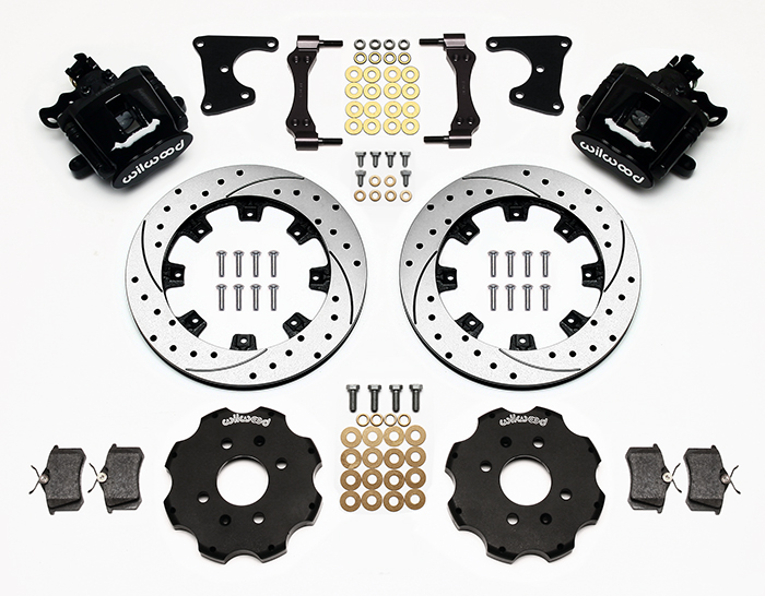 Wilwood Combination Parking Brake Caliper Rear Brake Kit Parts Laid Out - Black Powder Coat Caliper - SRP Drilled & Slotted Rotor