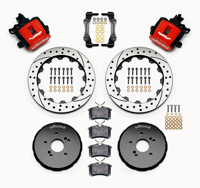 Wilwood Combination Parking Brake Caliper Rear Brake Kit Parts Laid Out - Red Powder Coat Caliper - SRP Drilled & Slotted Rotor