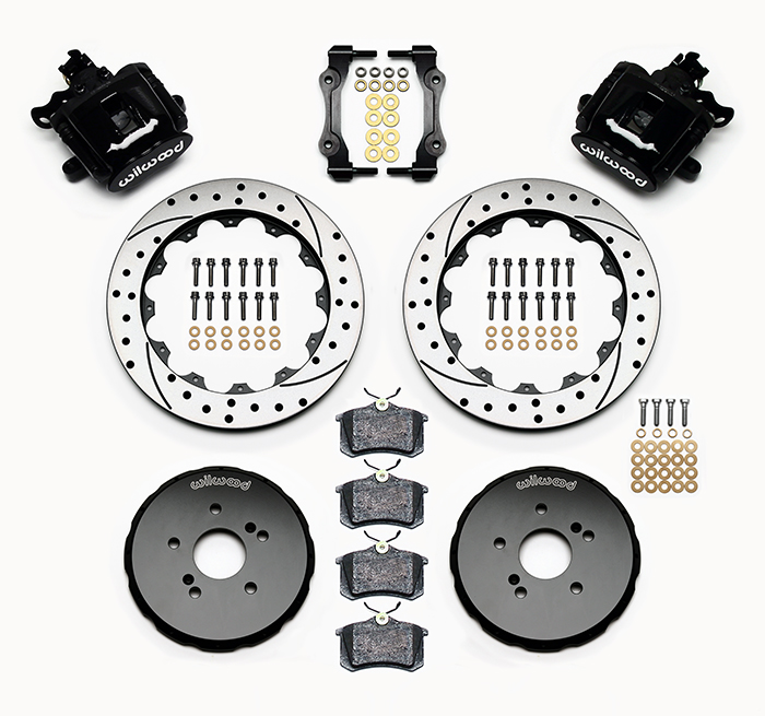 Wilwood Combination Parking Brake Caliper Rear Brake Kit Parts Laid Out - Black Powder Coat Caliper - SRP Drilled & Slotted Rotor