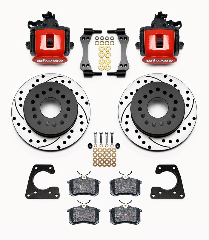 Wilwood Combination Parking Brake Caliper 1Pc Rotor Rear Brake Kit Parts Laid Out - Red Powder Coat Caliper - SRP Drilled & Slotted Rotor