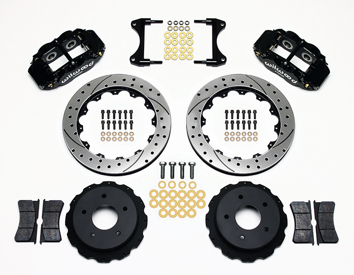 Wilwood Forged Narrow Superlite 4R Big Brake Rear Brake Kit For OE Parking Brake Parts Laid Out - Black Powder Coat Caliper - SRP Drilled & Slotted Rotor