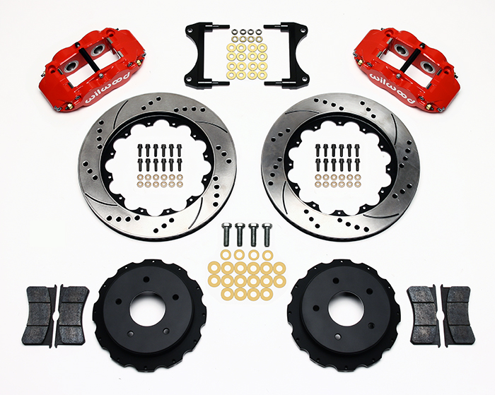 Wilwood Forged Narrow Superlite 4R Big Brake Rear Brake Kit For OE Parking Brake Parts Laid Out - Red Powder Coat Caliper - SRP Drilled & Slotted Rotor