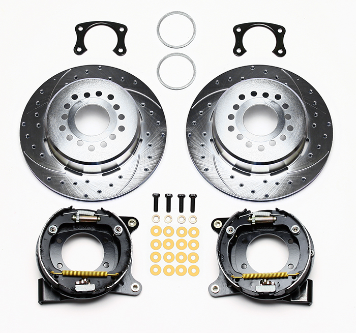Wilwood Forged Dynalite Rear Parking Brake Kit (Less Calipers) Parts Laid Out - SRP Drilled & Slotted Rotor