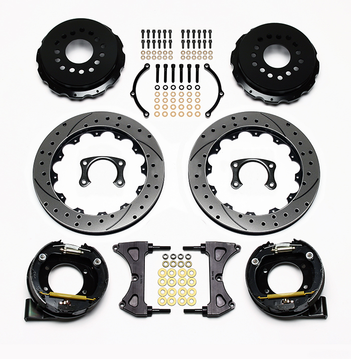 Wilwood Forged Narrow Superlite 4R Big Brake Rear Parking Brake Kit (Less Calipers) Parts Laid Out - GT Slotted Rotor