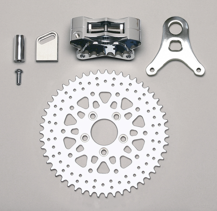 Wilwood GP310 Motorcycle Rear Sprocket Brake Kit Parts Laid Out - Polish Caliper - Drilled Rotor