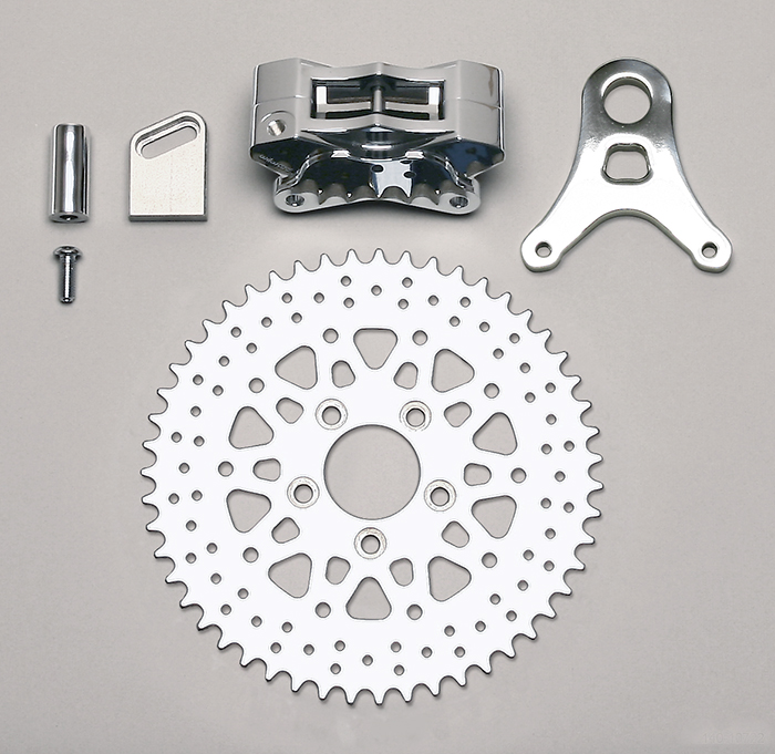 Wilwood GP310 Motorcycle Rear Sprocket Brake Kit Parts Laid Out - Chrome Caliper - Drilled Rotor