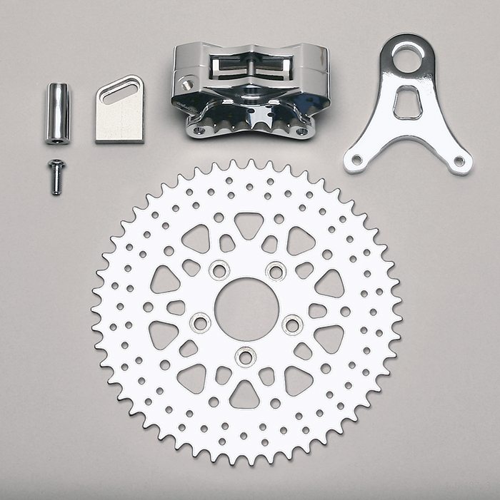 Wilwood GP310 Motorcycle Rear Sprocket Brake Kit Parts Laid Out - Chrome Caliper - Drilled Rotor