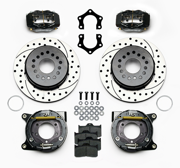 Wilwood Forged Dynalite Rear Parking Brake Kit Parts Laid Out - Black Powder Coat Caliper - SRP Drilled & Slotted Rotor