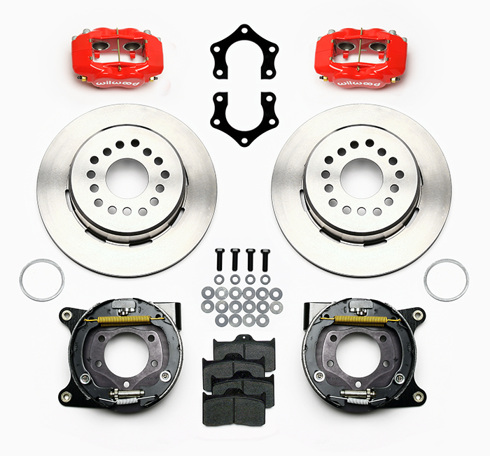 Wilwood Forged Dynalite Rear Parking Brake Kit Parts Laid Out - Red Powder Coat Caliper - Plain Face Rotor