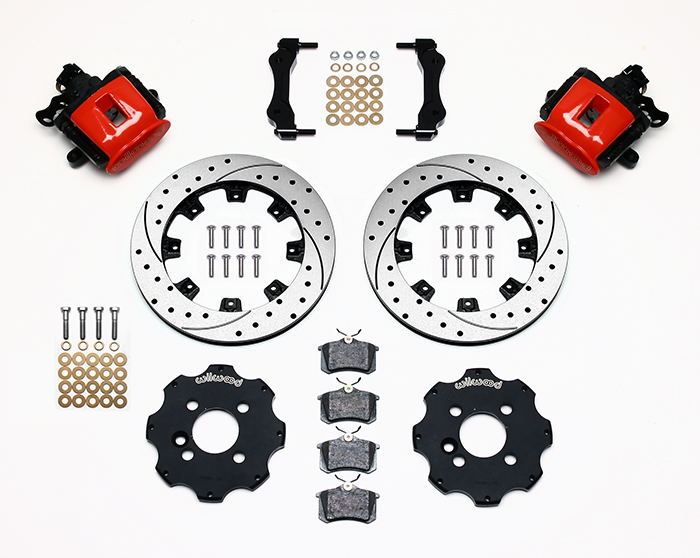 Wilwood Combination Parking Brake Caliper Rear Brake Kit Parts Laid Out - Red Powder Coat Caliper - SRP Drilled & Slotted Rotor