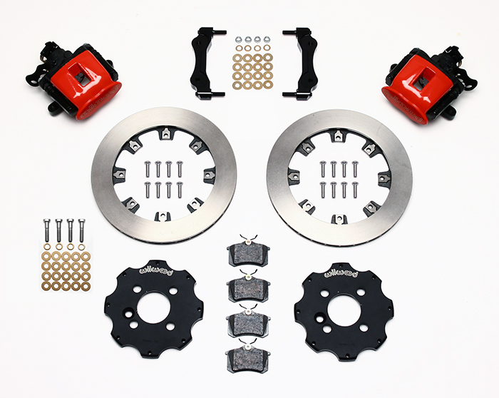 Wilwood Combination Parking Brake Caliper Rear Brake Kit Parts Laid Out - Red Powder Coat Caliper - Plain Face Rotor