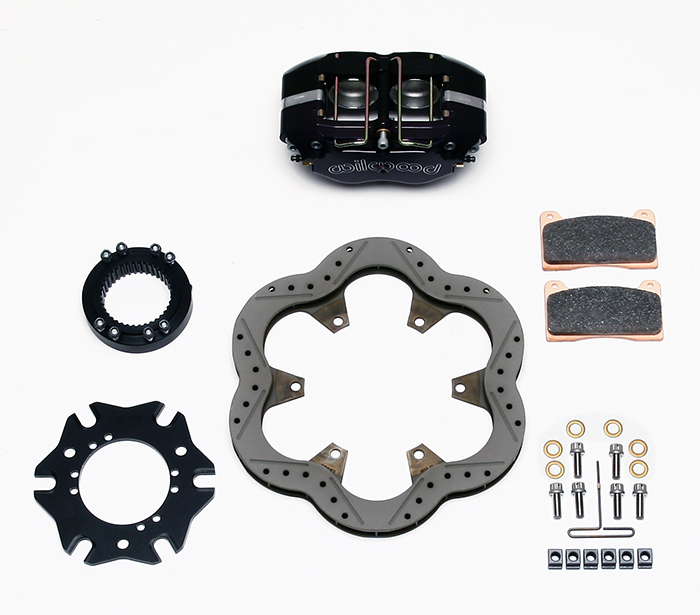 Wilwood Dynapro Lug Mount Midget Inboard Kit Parts Laid Out - Type III Anodize Caliper - Drilled Rotor