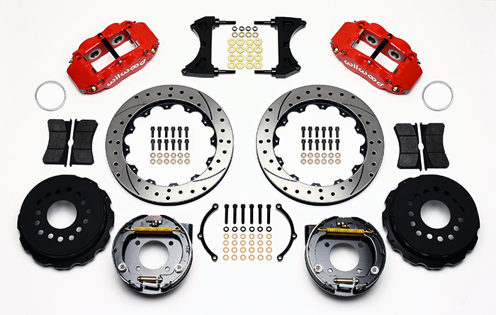 Wilwood Forged Narrow Superlite 4R Big Brake Rear Parking Brake Kit Parts Laid Out - Red Powder Coat Caliper - SRP Drilled & Slotted Rotor