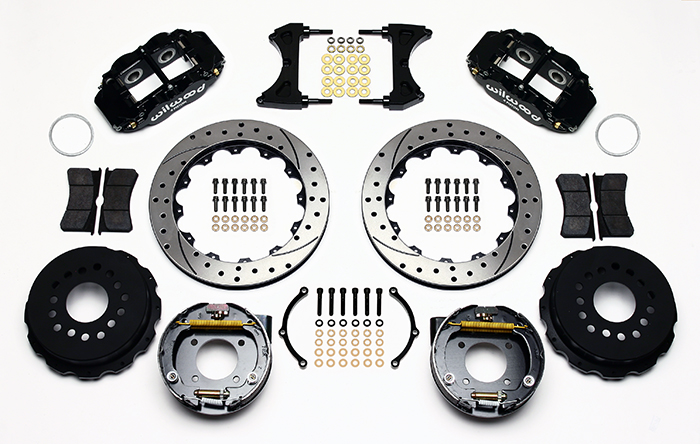 Wilwood Forged Narrow Superlite 4R Big Brake Rear Parking Brake Kit Parts Laid Out - Black Powder Coat Caliper - SRP Drilled & Slotted Rotor