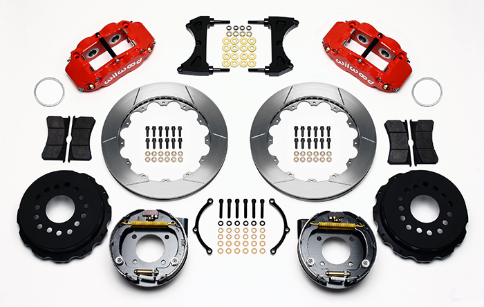 Wilwood Forged Narrow Superlite 4R Big Brake Rear Parking Brake Kit Parts Laid Out - Red Powder Coat Caliper - GT Slotted Rotor