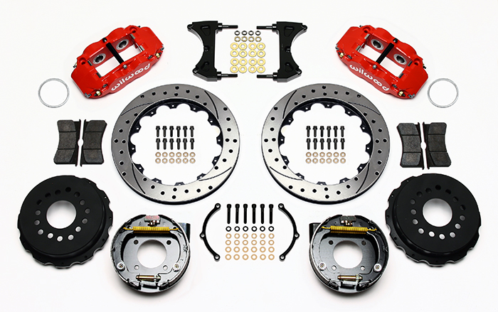 Wilwood Forged Narrow Superlite 4R Big Brake Rear Parking Brake Kit Parts Laid Out - Red Powder Coat Caliper - SRP Drilled & Slotted Rotor