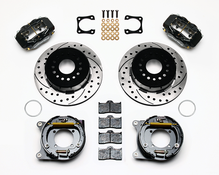 Wilwood Forged Dynalite Rear Parking Brake Kit Parts Laid Out - Black Powder Coat Caliper - SRP Drilled & Slotted Rotor