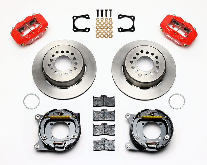 Wilwood Forged Dynalite Rear Parking Brake Kit Parts Laid Out - Red Powder Coat Caliper - Plain Face Rotor