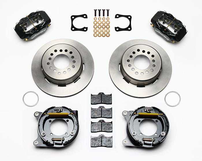 Wilwood Forged Dynalite Rear Parking Brake Kit Parts Laid Out - Black Powder Coat Caliper - Plain Face Rotor