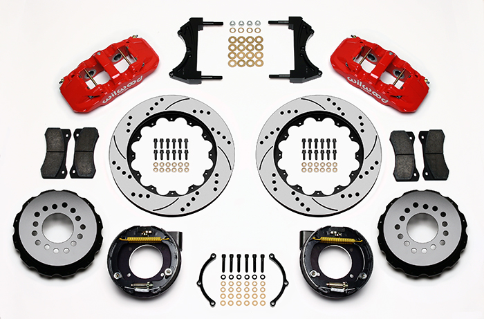 Wilwood AERO4 Big Brake Rear Parking Brake Kit Parts Laid Out - Red Powder Coat Caliper - SRP Drilled & Slotted Rotor