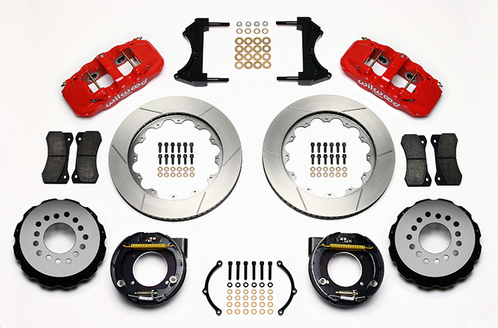 Wilwood AERO4 Big Brake Rear Parking Brake Kit Parts Laid Out - Red Powder Coat Caliper - GT Slotted Rotor