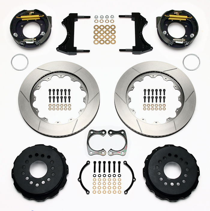 Wilwood W4A Big Brake Rear Parking Brake Kit (Less Calipers) Parts Laid Out - GT Slotted Rotor