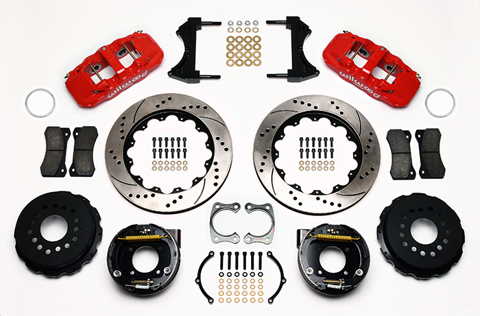 Wilwood AERO4 Big Brake Rear Parking Brake Kit Parts Laid Out - Red Powder Coat Caliper - SRP Drilled & Slotted Rotor