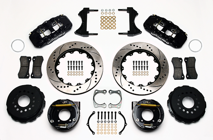 Wilwood AERO4 Big Brake Rear Parking Brake Kit Parts Laid Out - Black Powder Coat Caliper - SRP Drilled & Slotted Rotor